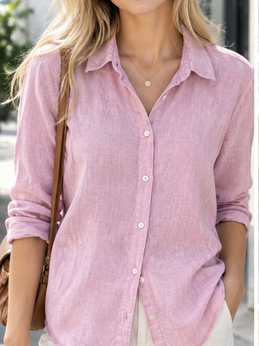 Sigrid Olsen Linen Button-Down Shirt in Soft Pink